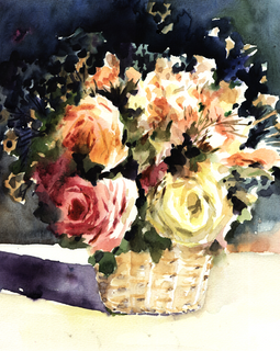 Orginal watercolor painting lovely mix roses in basket