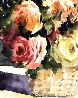 Orginal watercolor painting lovely mix roses in basket