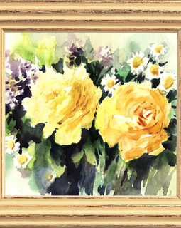 Orginal watercolor painting two lovely yellow roses